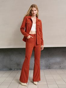MOTF PREMIUM Bộ 2 món áo khoác và quần ống loe nhung gân màu cam cho nữ mùa thu/đông - Màu Cam cháy - Xem 4