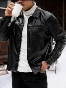 Manfinity CasualCool 男士長袖 PU 口袋夾克，適合秋冬穿著 - 黑色 - 查看 5