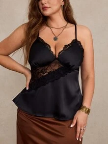 Freevana Plus Size Women's Lace Patchwork Sexy Versatile Camisole Top - Black - View 5