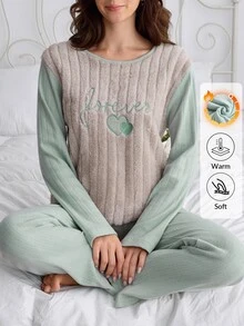 SHEIN Women 2 Pcs Slogan Embroidery Fuzzy Rib Knit Long Sleeve Long Pants Casual Winter Pajama Lounge Set - Multicolor - View 6