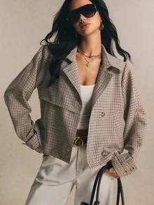 Poéselle 女款法式格紋優雅百搭短款風衣外套 - 棕色 - 查看 7