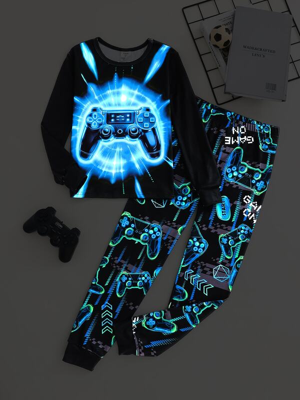 SHEIN Tween Boys Snug Fit Neon Game Console Print Crew Neck Long Sleeve T-Shirt And Long Pants Soft Comfortable Home Sleepwear Set 2pcs