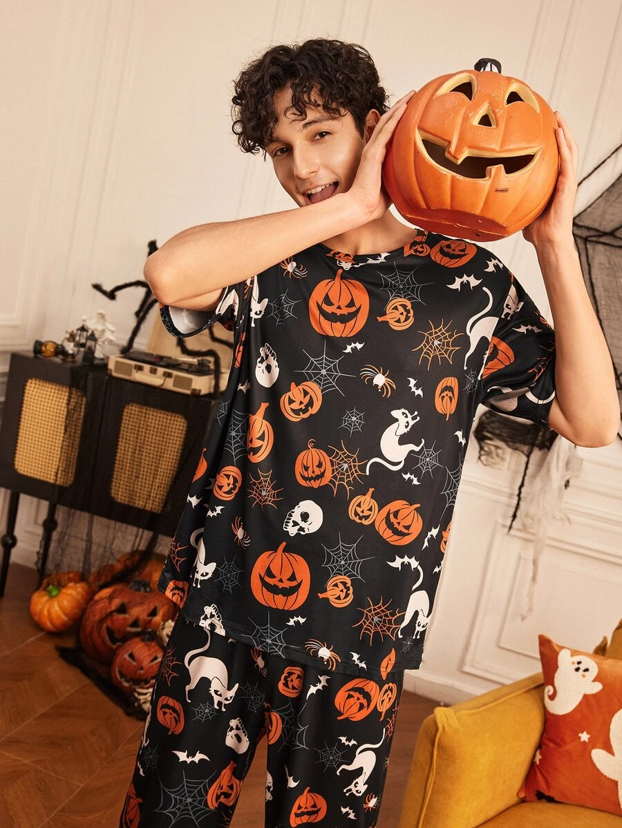 Provexi Provexi Men's Funny All-Over Pumpkin Print Short Sleeve T-Shirt And Long Pants Set - Multicolor - View 1