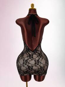 Amplova Gaun Mini Bodycon Renda Dua Warna dengan Kawat Penyangga, Desain Punggung Terbuka Berkerut, Gaya Y2K Seksi untuk Wanita - Hitam - View 5
