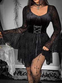 Whyspr Plus Size Dark Gothic Vintage Velvet Black Mesh Patchwork Bell Sleeve Cinched Cinched Waist Dress Fall - Black - View 1