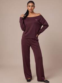 SHEIN BAE Women Burgundy Letter Print Off Shoulder Long Sleeve Sports Sweatshirt Gym Workout Training Running Yoga Athletic Activewear - Red Violet - View 5