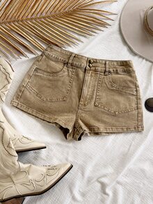 Soleia Women's Casual Versatile Daily Shorts With Pockets And Buttons - Khaki - View 3