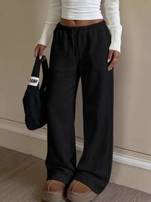 SHEIN Teen Girl Teen Girls Black Knit Drawstring Loose Casual Long Winter Pants - Black - View 1