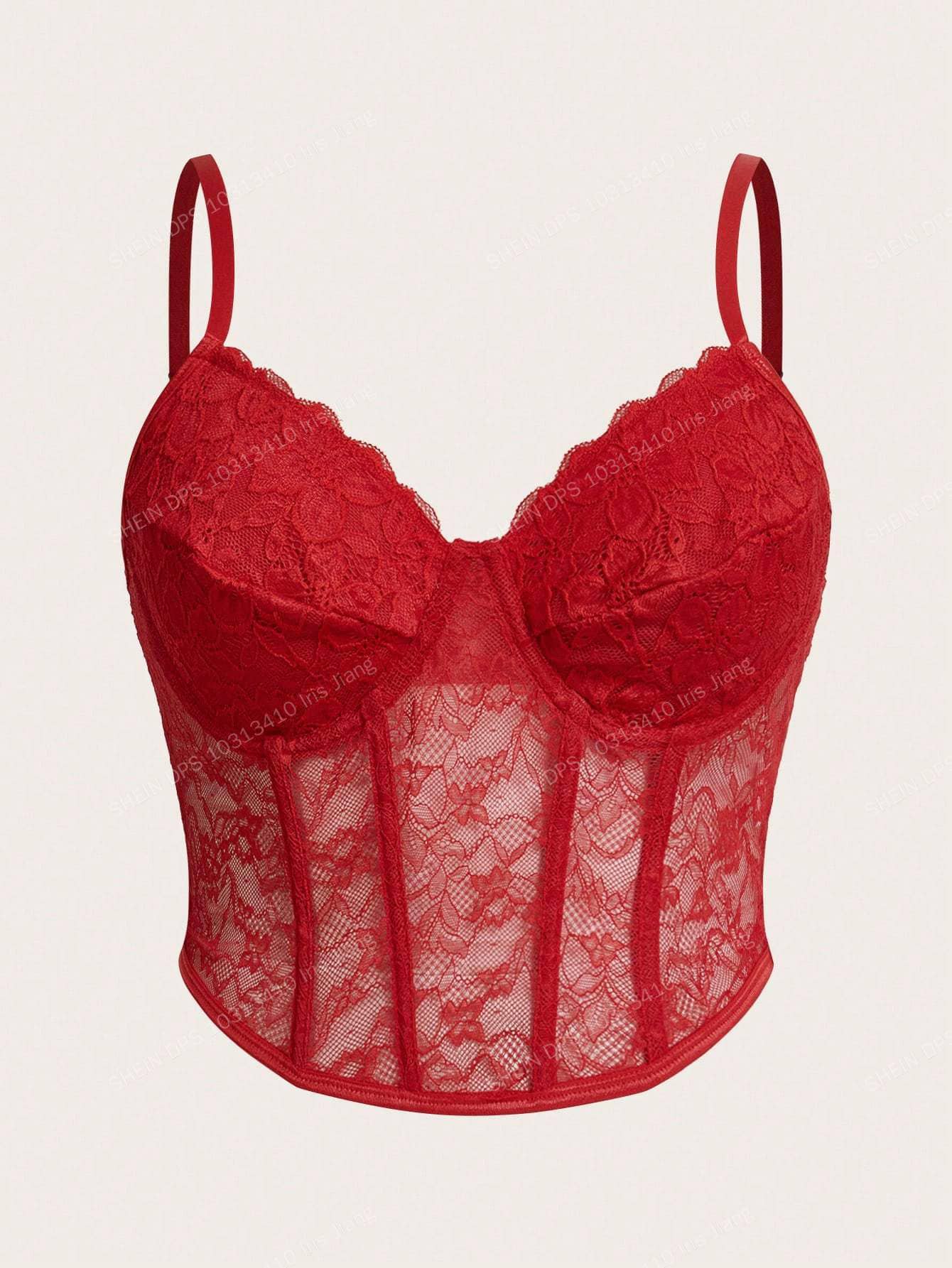 SHEIN ICON Black Corset Plus Lace Cami Top - Red - View 1