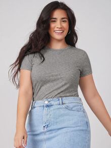SHEIN BASICS Camiseta de cuello redondo lisa y ajustada para verano - Gris - Ver 1