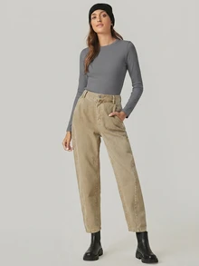 SHEIN BASICS 女款休閒百搭純色修身長袖T恤上衣 白色 - 灰色 - 查看 4