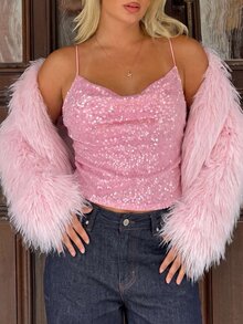 GalTyme Plus Size Sexy Cowl Neck Sequin Camisole Tank Top For Bar & Music Festival - Pink - View 1