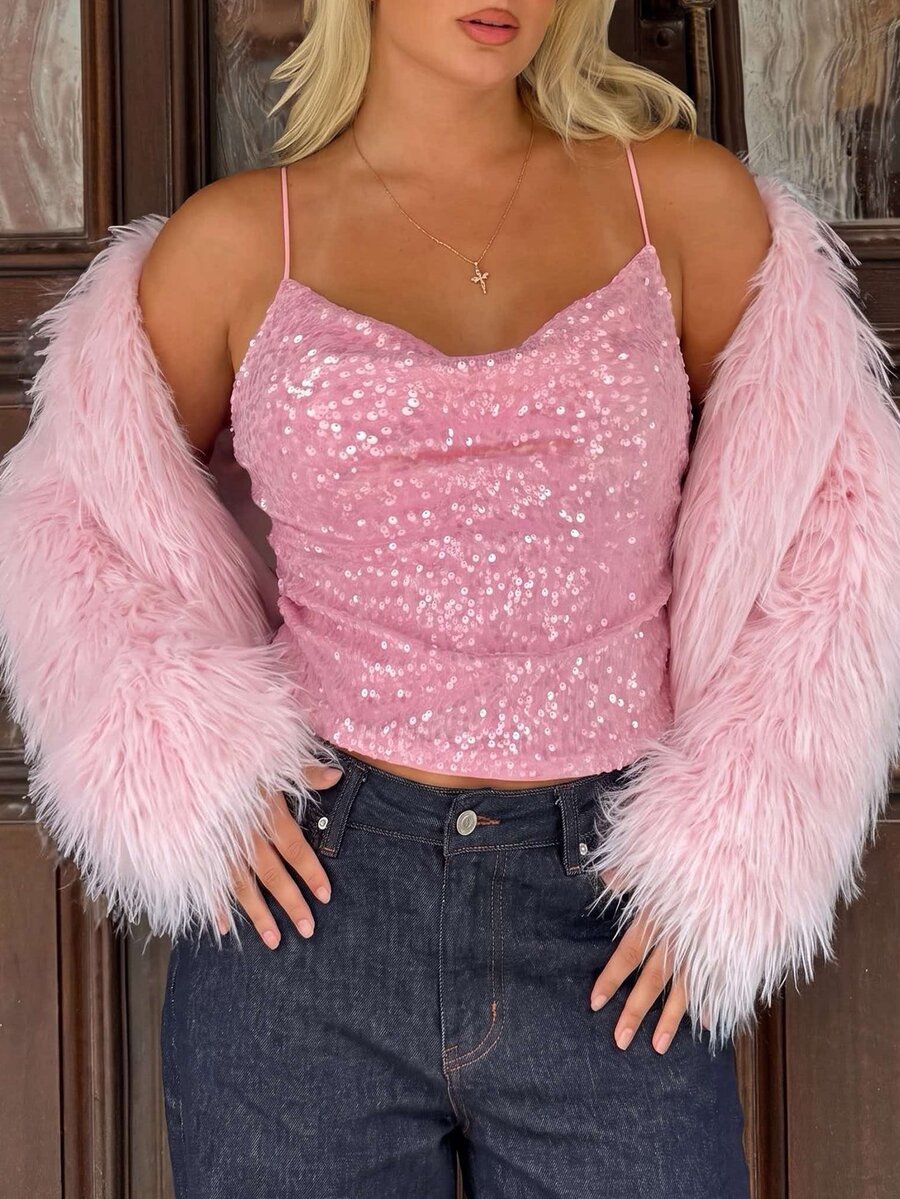 GalTyme Plus Size Sexy Cowl Neck Sequin Camisole Tank Top For Bar & Music Festival - Pink - View 1