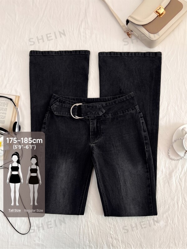 Elamini Tall Tall Fashion D-Buckle Washed Slim Fit Versatile Flare Jeans