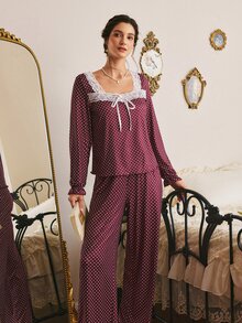 Côtesoire Set Piyama Wanita Motif Polkadot Romantis Prancis dengan Warna Kontras dan Patchwork Renda, Lengan Panjang dan Celana Panjang - Burgundy - View 5