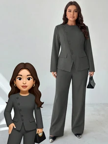 SHEIN Tall CURVE Conjunto de Blazer y Pantalones de Moda para Talla Grande de Estilo Ejecutivo - Gris Oscuro - Ver 2