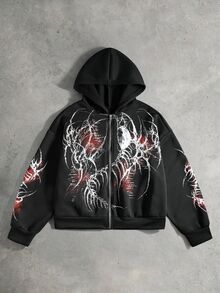 ROMWE MEN 男士深色哥德風蜈蚣印花寬鬆拉鍊連帽衛衣 - 黑色 - 查看 9