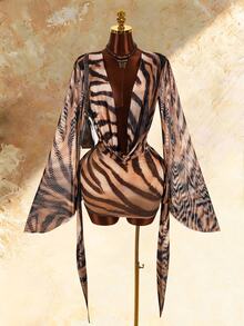 Amplova Women's Cowl Neck Animal Print Sexy Long Sleeve Dress - Brown - View 3