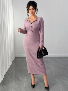 SHEIN Elenzya Plus Size Sexy Elegant Knit Bodycon Ribbed Long Sleeve Bow Collar Contrast Color Dress Fall - Pink - View 7