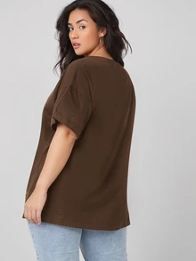 SHEIN BASICS 大尺碼捲袖口純色夏季上衣 - 咖啡棕 - 查看 2