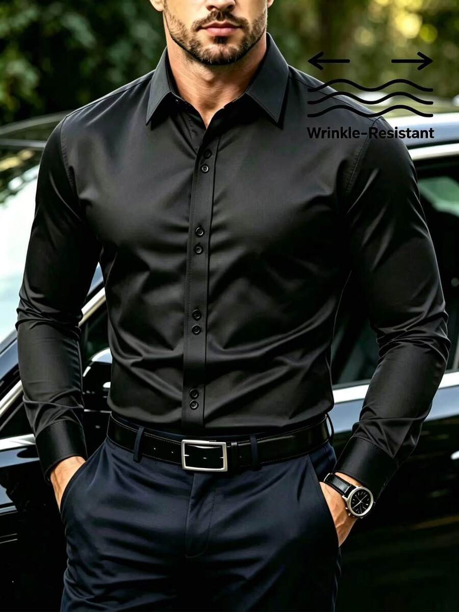 Manfinity Mode Men's Solid Color Casual Versatile Daily Wear Shirt - Black - View 1