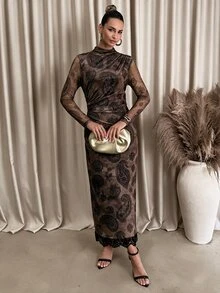 Lavishia 女款黑色與咖啡色抽象印花修身長袖高領洋裝 - 咖啡棕 - 查看 6