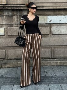 Livesso 女款條紋拼色休閒長褲 70年代 90年代 日常度假款 秋季棕色格紋棕色條紋 - 咖啡棕 - 查看 5