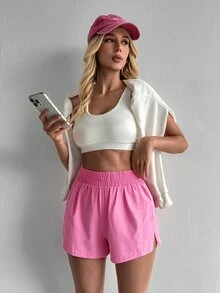 SHEIN Sovereign Charm 純色側開衩休閒運動短褲 - 粉色 - 查看 5