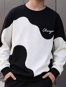 SHEIN Coolqubz Teenager Autumn/Winter Thick 2 Pieces Set Black & White Asymmetrical Wave Patchwork Sweatshirt With Cuffed Pants, Cool Cute Contrast Color Sweatshirt Outfit - Multicolor - View 4