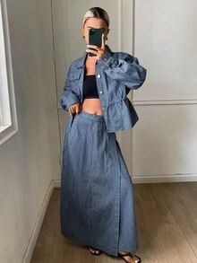 Livesso Tall 女款藍白條紋寬鬆夾克與裙子休閒兩件式牛仔套裝，適合日常秋季穿著 - 中等水洗藍 - 查看 3