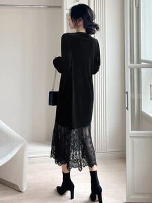 Dazy Tall Women's Round Neck Lace Patchwork Velvet Long Elegant Dress Fall - Black - View 5