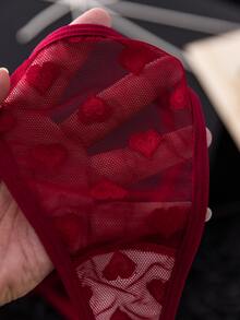SHEIN 心形網紗蕾絲鋼圈內衣與丁字褲 2 件組內衣套裝 - 酒紅色 - 查看 5