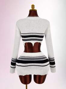 Amplova Black White Gray Striped Long Sleeve Distressed Fitted Bodycon Mini Knit 2 Pieces Set - Black and White - View 8