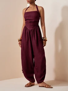 Zivah Women's Solid Color Pleated Side Drawstring Design Halter Neck Jumpsuit - Burgundy - View 12