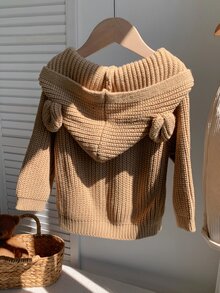 SHEIN 嬰兒男孩女孩通用 素色百搭舒適連帽長袖開襟針織外套 秋冬適用 - 卡其色 - 查看 2