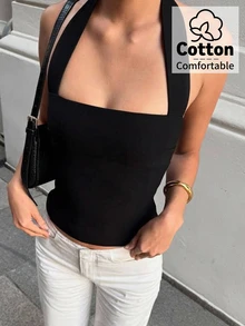 Aloruh Women's Solid Color Fitted Versatile Daily Wear Halter Top - Black - View 1
