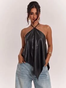 SHEIN BAE 女款休閒度假掛脖露背不對稱下擺黑色純色PU背心，適合海灘度假、海灘假期、姐妹休閒度假，優雅實用黑色PU背心 - 黑色 - 查看 6