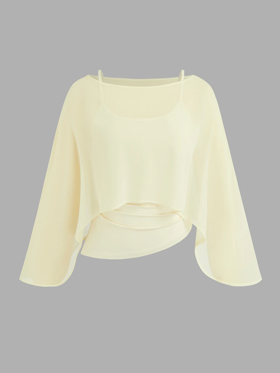 Sweetra Plus Size Solid Color Minimalist Camisole Tank Top & Asymmetrical Top Vacation 2 Pieces Set - Pale Yellow - View 1