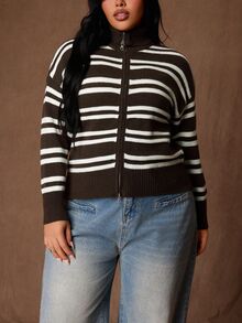 Rustia Plus Size Women's Striped Casual Versatile Everyday Cardigan Winter - Multicolor - View 5