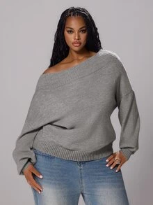 Rustia Plus Size Minimalist Fashion Long Sleeve Pullover Sweater, Preppy Style Fall - Grey - View 1