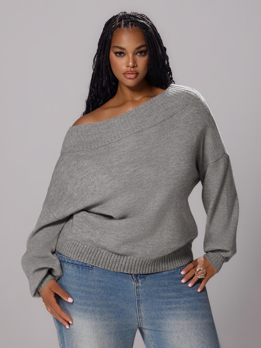 Rustia Plus Size Minimalist Fashion Long Sleeve Pullover Sweater, Preppy Style Fall - Grey - View 1