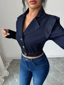 Elenzga Damers mode street kort denimtopp med knappar - Blå - Visa 6