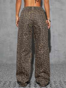 SHEIN CURVE+ Festival Plus Size Women's Leopard Print Non-Stretch Straight Leg Denim Pants - Apricot - View 2