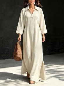 SHEIN Women's Cotton Blend Beige Collar V-Neck Drawstring Split Shirt Maxi Dress, Minimalist Dress For Spring Fall Casual Daily Wear - Apricot - View 4