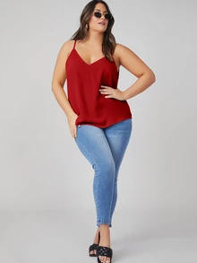 SHEIN BASICS 大尺碼純色細肩帶背心上衣 夏季女款上衣 夏日穿搭 - 紅色 - 查看 3
