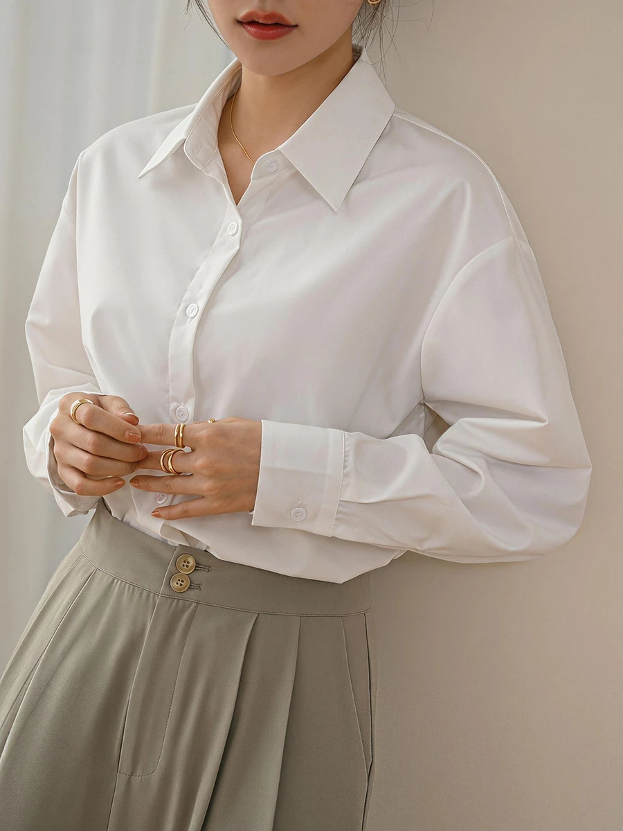 DAZY Casual Versatile Solid Color Long Sleeve Shirt - White - View 1