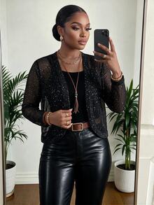 SHEIN Lady Jaket Wanita Ukuran Besar Lengan Panjang Mengkilap dengan Bukaan Depan untuk Halloween, Koktail, Acara Formal, Musim Panas, Elegan, Gaya Gotik - Hitam - View 1