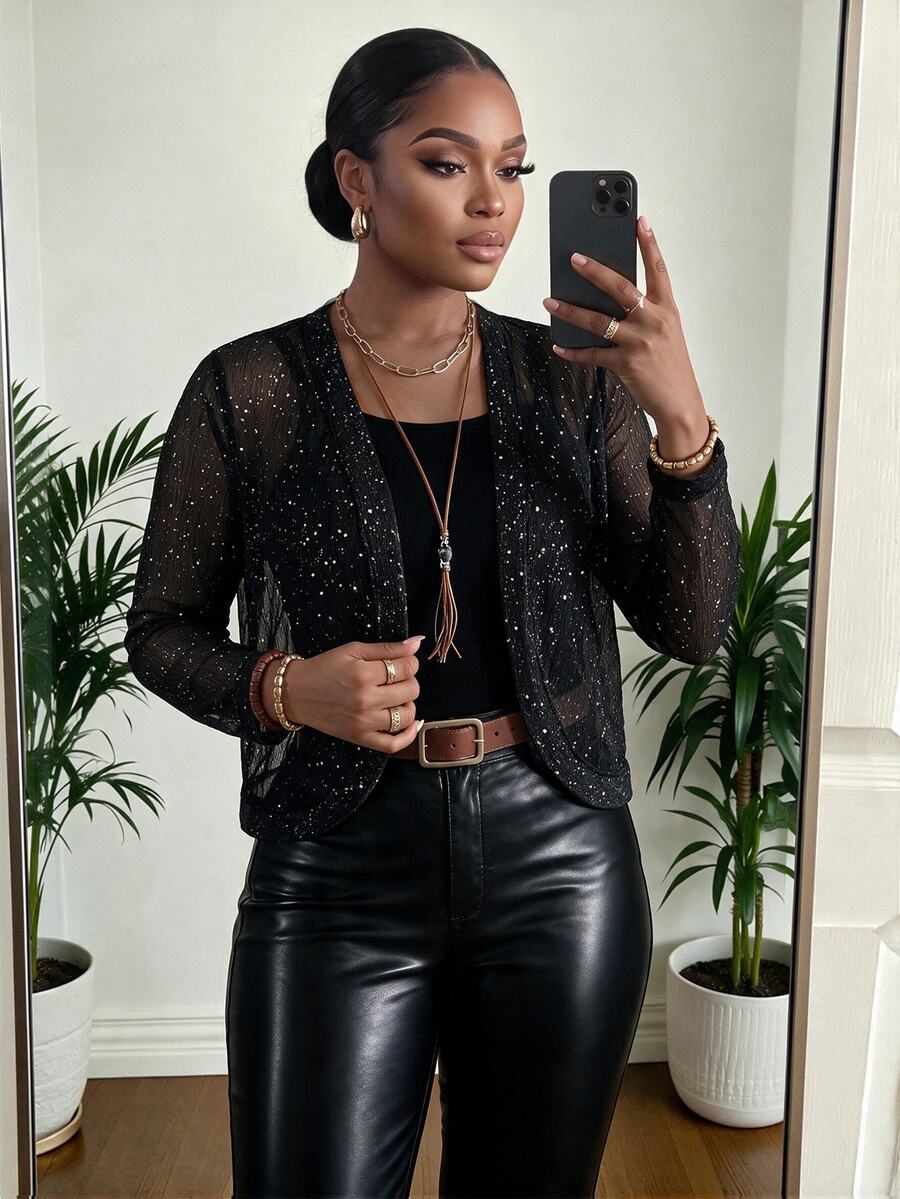 SHEIN Lady Jaket Wanita Ukuran Besar Lengan Panjang Mengkilap dengan Bukaan Depan untuk Halloween, Koktail, Acara Formal, Musim Panas, Elegan, Gaya Gotik - Hitam - View 1