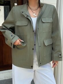 Dazy Plus Solid Color Loose Fit Utility Motorcycle Pocket Street Casual Spring/Autumn New Regular Jacket - Army Green - View 10