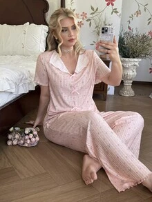 CottageSlumber Plus Size Knit Jacquard Romantic Jacquard Short Sleeve Long Pants Pajama Set - Baby Pink - View 6